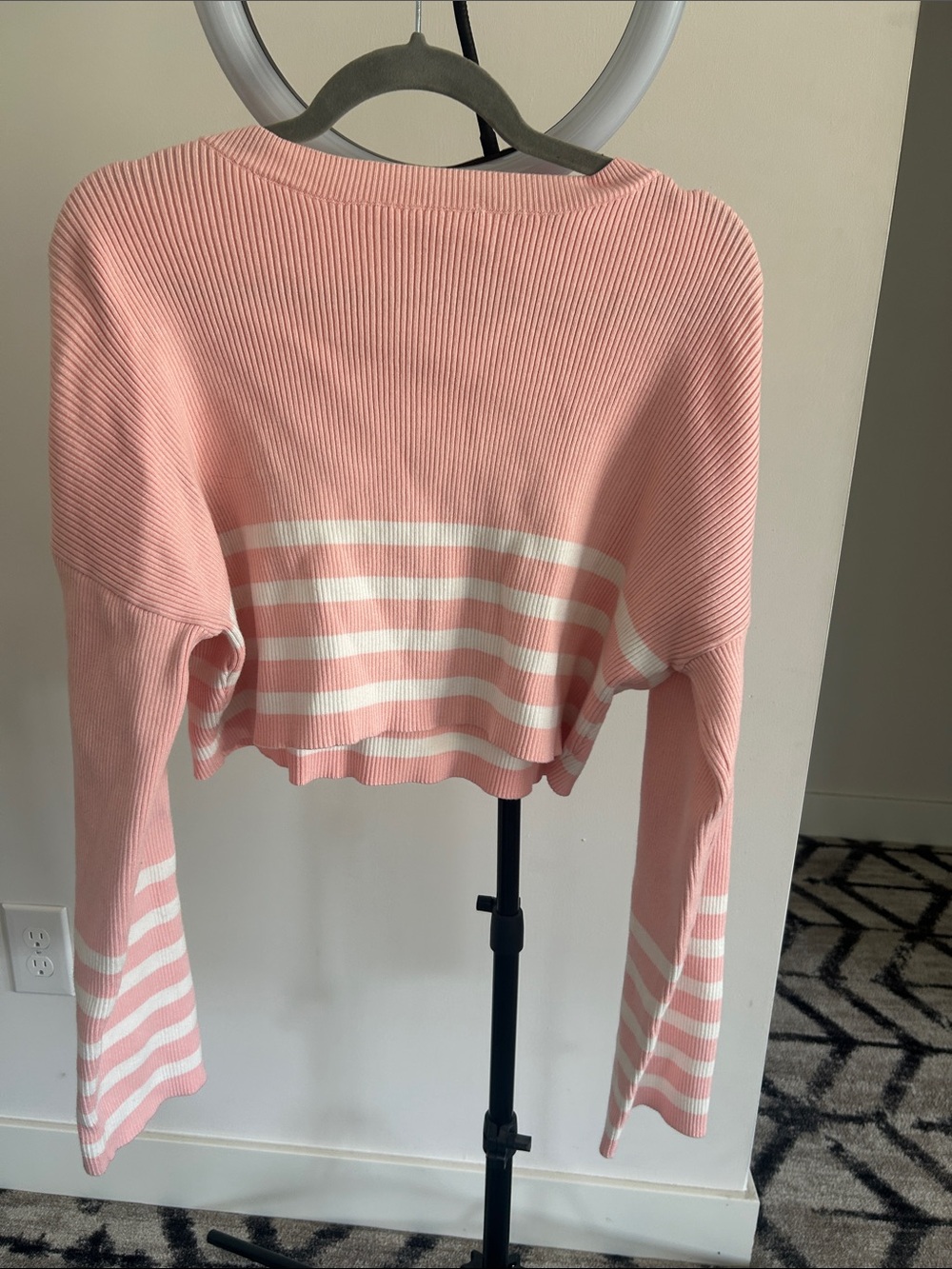 Olivaceous Pink and White Striped Cropped Knit Top